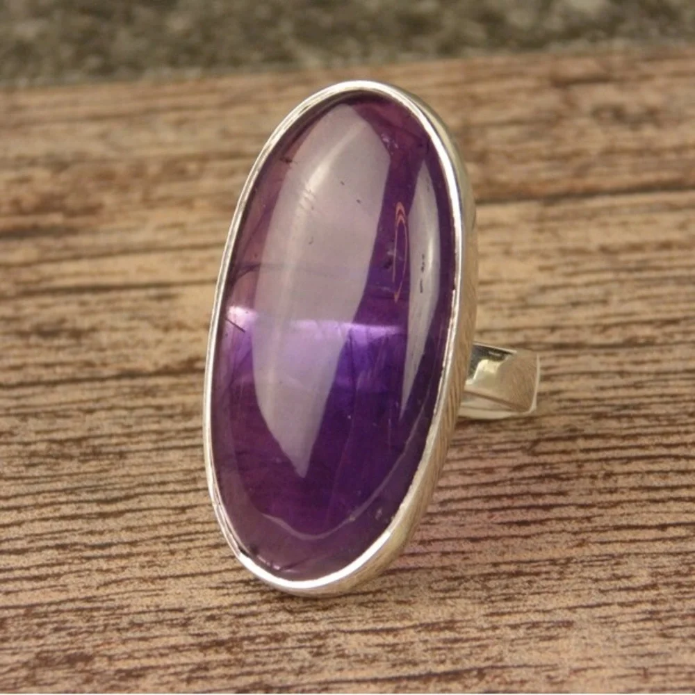 New Sterling Silver Long Oval Purple Amethyst Oblong Artisan Handmade Ring